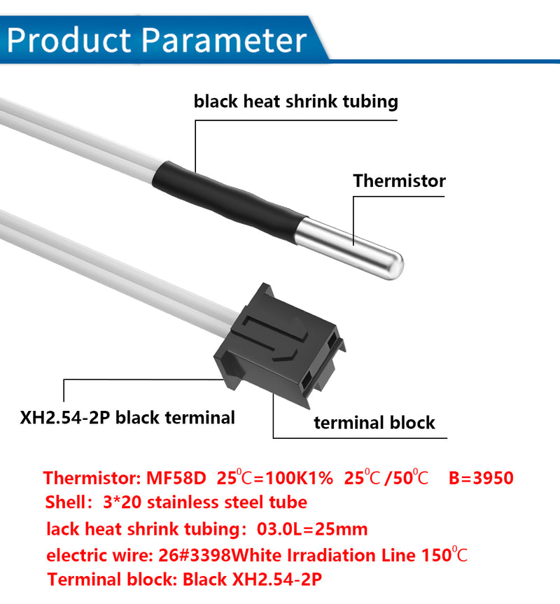 NTC 100K Thermistor 3950FB With 1M / 2M Cable, H-temperature Resistance - 3D Printer Accessories Shop
