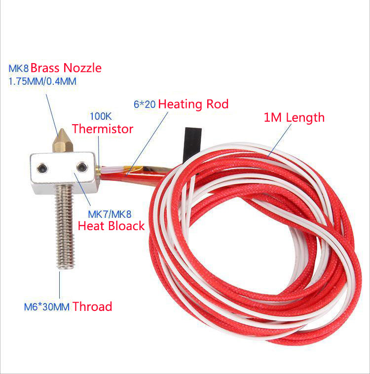 MK7 / MK8 Hotend Kit 0.4mm Brass Nozzle Heating Block Thermistor Heater Rod Kit - 3D Printer Accessories Shop