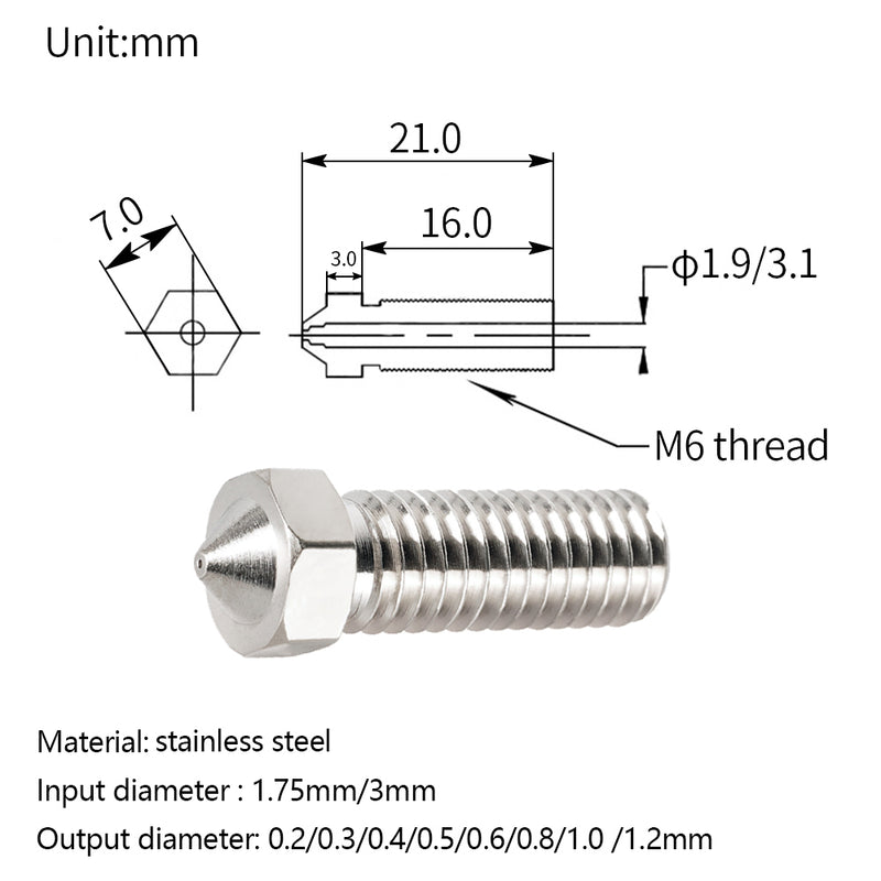 5PCS Stainless Steel E3D M6 Thread Nozzle - 3D Printer Accessories Shop