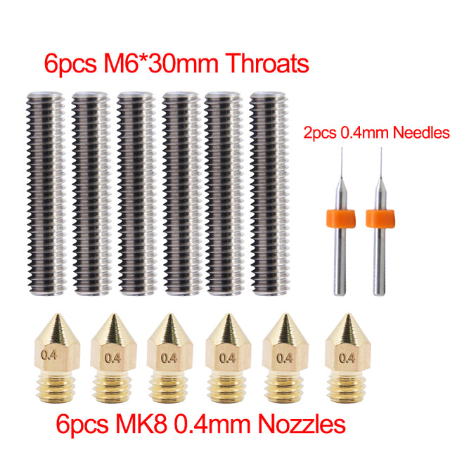 6PCS 30mm M6 Throat With Tube + 6PCS 0.4mm MK8 Brass Nozzle + 2PCS 0.4mm Cleaning Needle Kit - 3D Printer Accessories Shop
