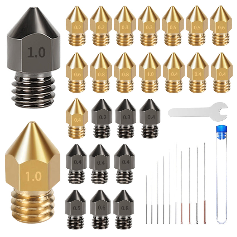 26 MK8 Brass / Hardened Steel Nozzles + Wrench + Cleaning Needles Kit - 3D Printer Accessories Shop